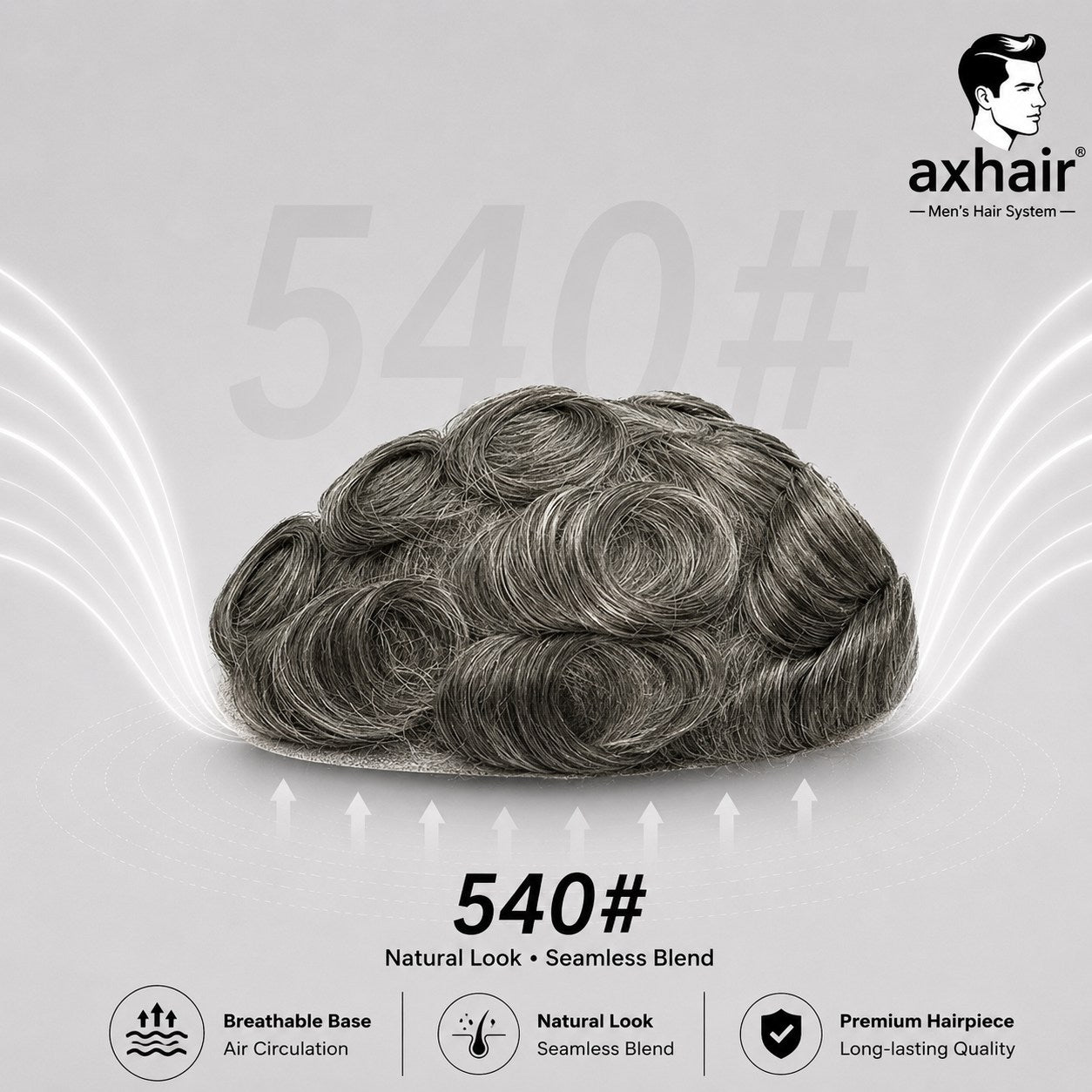 Men's hair unit, dark wavy full-cap natural look seamless blend, 540# color